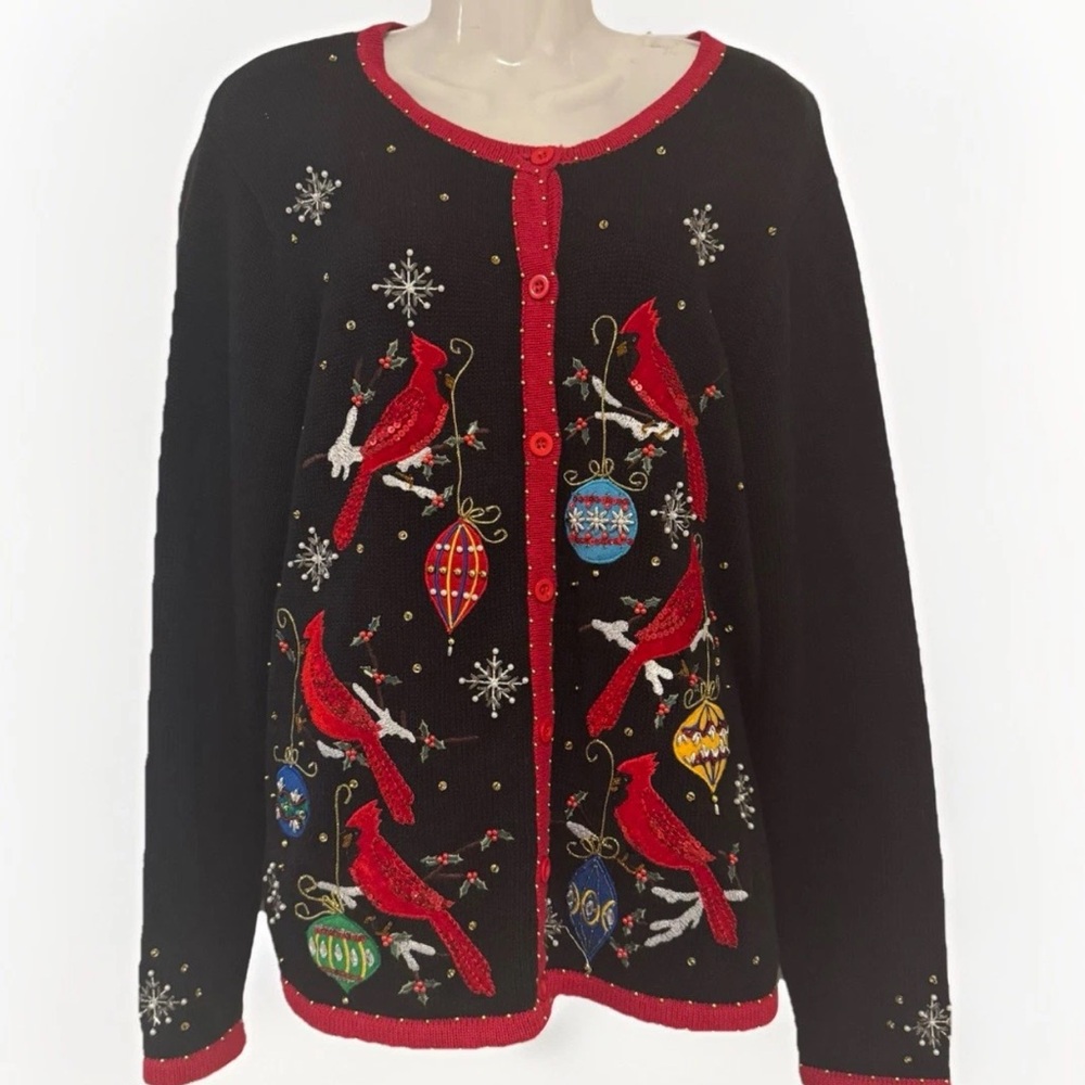 VTG‎ Kim Rogers Black Cardigan Christmas - Sequin/bead/embroidered